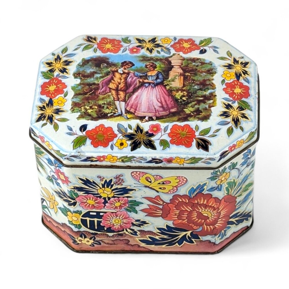 Vintage Daher Tea Tin Decorative Storage Floral Courting Couple Made in England